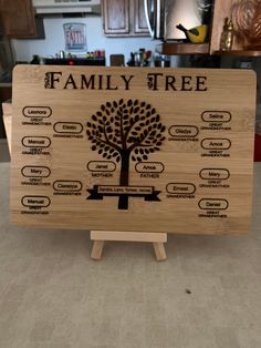 a family tree on a wooden stand in a kitchen