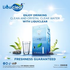 an advertisement for drinking water with liquid in front of it and the words enjoy drinking clean and crystal clear water with liquiclear