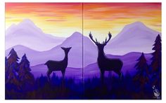 two paintings of deer standing in front of mountains and trees at sunset with the sun setting behind them