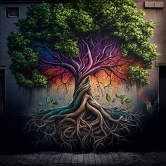 a tree painted on the side of a building with its roots growing out of it