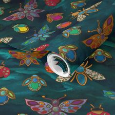 an image of a colorful wallpaper with butterflies on it's surface and the background is dark green