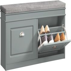 a gray cabinet with two drawers and some shoes