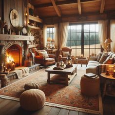 a living room filled with furniture and a fire place in the middle of a room