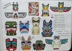 a sign with many different masks on it's front and back sides, including two totems