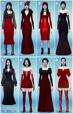 six different types of dresses for females in various colors and sizes, all with long sleeves