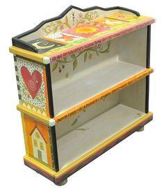 Fun crazy quilt bookcase design featuring polka-dots and floral vine accents Short Bookcase, Handmade Bookshelves, Painting Bookcase, Sticks Furniture, Bookcase With Glass Doors, Small Bookcase, Bookcase Decor, Bookcase Design, Tall Bookcases