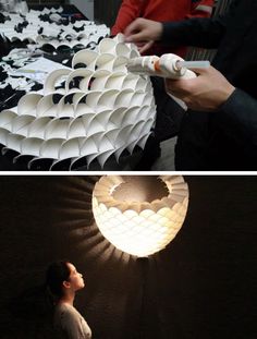 two pictures one is made out of paper and the other has an origami light