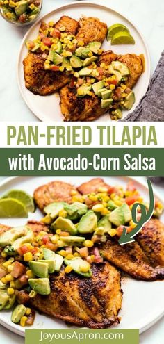 pan fried tilapia with avocado - corn salsa on a white plate