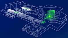 an architectural model of a building with green lasers on the top and bottom part