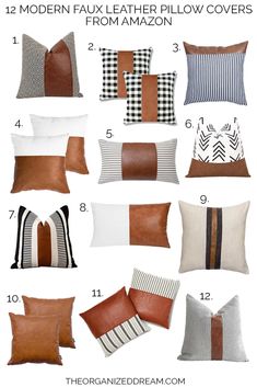 different pillows and pillow covers with text that reads 12 modern faux leather pillow covers from amazon