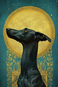 a painting of a black dog in front of a gold and blue background with an ornate design