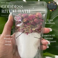 **Current Processing Time is 5-8 Business Days for all orders unless you purchase Rush Order Shipping. Once an order is placed we do not issue refunds or cancellations** Our Goddess Ritual Bath Salt is a self-care lover's dream. Use for personal power-up rituals, or as an offering of adoration to yourself or a loved-one.  Infused with lavender, rose and tea tree oil this bath soak will give you a luxurious, rejuvenating, and amazing smelling bathing experience! Available in: 1 oz., 3oz., & 8oz.  (1oz. Sizes will be Discontinued on ETSY only) Disclaimer ~ Our Bath Salts are made with skin safe ingredients, but it is always best to practice caution and wisdom before applying to the skin. By law we are required to say that we sell these products as Curios. Products sold on this site are NOT t Goddess Bath Ritual, Tea Baths, Witch Bath, Bath Magic, Homemade Bath Salts Recipe, Herbal Bath Soak, Goddess Ritual, Cleansing Bath