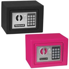 two pink and black electronic safes side by side on a white background with the words honeywell above them