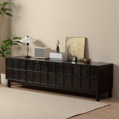 a living room scene with focus on the sideboard and plant in the foreground