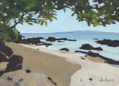 an oil painting of a beach with rocks and trees