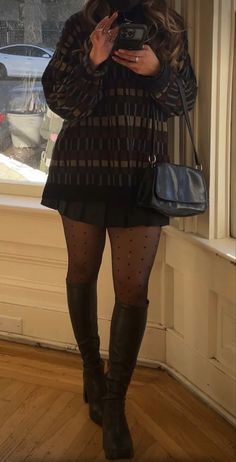 Tall Boots With Dress Winter, Black Snakeskin Boots Outfit, Fall Outfits With Stockings Tights, Fall Outfits Tall Boots, Black Tennis Skirt Outfit Fall, Outfits With Brown Knee High Boots, Fall Outfits With Tall Boots, Fall Tall Boots Outfit