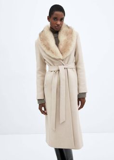 Detachable wool coat with fur-effect collar - Women | Mango USA Faux Fur Collar Coat, Oversized Wool Coat, Pastel Grey, Fur Collar Coat, Lapel Coat, Turtleneck T Shirt, Jean Flare, Collared Coat, Cashmere Coat