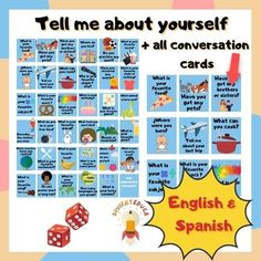 a poster with words and pictures on it that say, tell me about yourself 4 all conversation cards english & spanish