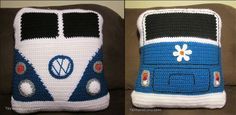 two crocheted pillows made to look like a bus