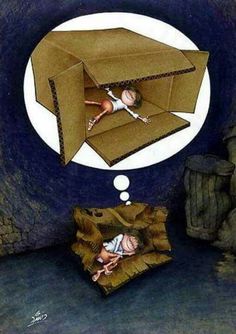 an image of a child sleeping in a cardboard box with the caption'los sueros son las unicas mentass que puedes del selo