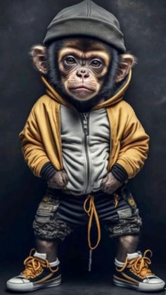 a monkey wearing a hat and jacket with the caption don't touch my phone