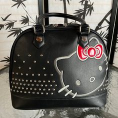 Black Hello Kitty With Silver Studs And Red Inside Beautiful Black Hello Kitty, Sanrio Bags, Hello Kitty Handbags, Sanrio Bag, Hello Kitty Bag, Plush Backpack, Silver Studs, Hello Kitty, Bag Lady