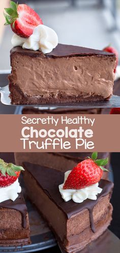 chocolate truffle pie with whipped cream and strawberries on top