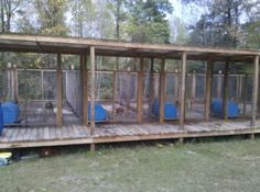 a chicken coop in the middle of a field with blue barrels on it's sides