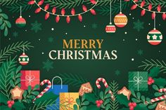 merry christmas greeting card with presents and ornaments on green background illustration in flat design style