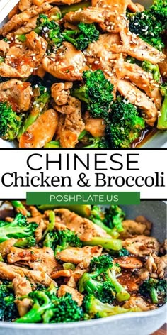 chicken and broccoli stir fry in a pan with the words chinese chicken and broccoli