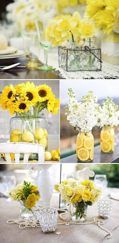 yellow and white flowers are in vases with lemons, daisies, and roses