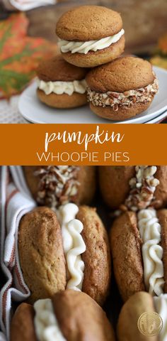 pumpkin whoopie pies are stacked on top of each other with frosting