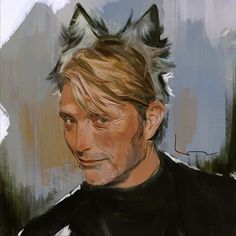 a painting of a man with cat ears on top of his head, looking to the side