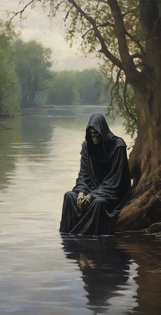 a painting of a person sitting on the edge of a body of water with trees in the background