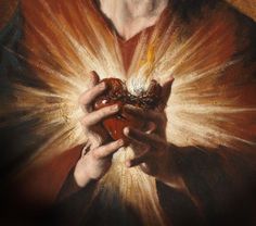 a painting of jesus holding a heart in his hands with the light coming through it