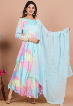 Readymade Satin Georgette A Line Kameez in Sky Blue and Multicolor. This Round Neck and Full Sleeves attire with Cotton Lining is Enhanced With Pockets, Side Zip, Golden Zari Lines, Digital Print and Gota Lace Border Available with a Shantoon Churidar in Sky Blue and a Faux Chiffon Dupatta in Sky Blue The Kameez and Bottom Lengths are 54 and 52 inches respectively Do Note: Accessories shown in the image are for presentation purposes only and length may vary upto 2 inches.(Slight variation in act A Line Kameez, A Line Suit, Mens Festival Wear, Party Wear Dresses Indian, Indowestern Lehenga, Pakistani Sharara, Wedding Outfits Indian, Suits Indian, Indian Groom Wear