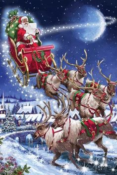 santa riding in his sleigh pulled by reindeers