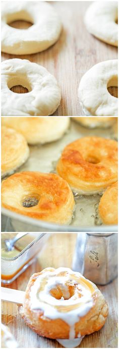 there are several different types of donuts on the table and one is glazed with icing