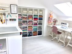 a sewing studio with lots of crafting supplies on shelves and desks in the corner