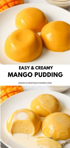 mango pudding on a white plate with oranges in the background and text overlay that reads easy & creamy mango pudding