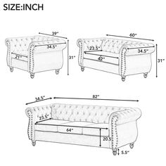 three sizes of the couch are shown with measurements for each seat and back side, along with