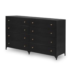 a black dresser with gold knobs on the top and bottom drawers, against a white background