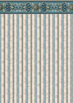 a blue and white striped wallpaper with an ornate design on the bottom half of it