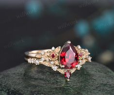 Vintage Pear Red Ruby Engagement Ring Solid 14k Rose Gold Twig Leaf Floral Antique Unique Cluster Diamond Bridal Wedding Ring Set Women Gift - Etsy Ruby Ring Vintage Red Antique Jewelry, Ruby And Gold Engagement Ring, Red Rings Engagement, Ruby And Gold Ring, Red And Gold Ring, Opal And Ruby Ring, Ruby And Emerald Ring, Engagement Rings With Ruby, Wedding Rings Ruby