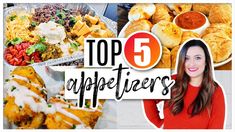 the top 5 appetizers in this postcard are from left to right, baked goods and bread