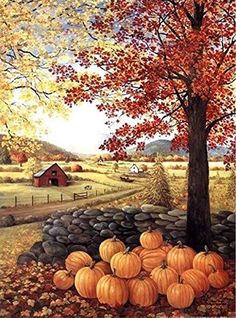 an autumn scene with pumpkins and a tree