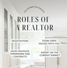 the rules of a realtor in white and black with text overlaying them