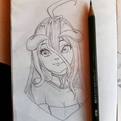 a pencil drawing of a girl with horns on her head