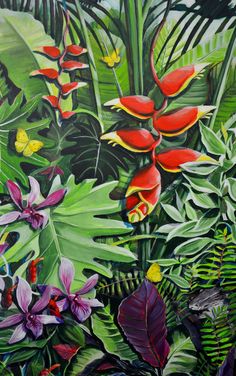 an oil painting of tropical plants and flowers