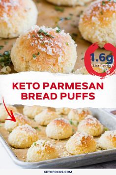 buttery keto parmesan bread puffs on a baking sheet with text overlay